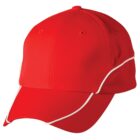 A bright red baseball cap with white trim and stitching.
