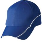 Blue baseball cap with white trim and ventilation holes.