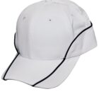 White baseball cap with black piping accents.