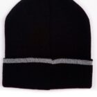 Black beanie with a silver stripe around the base, displayed on a plain white background.