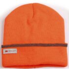 Orange knit beanie with a grey stripe and 3M Thinsulate tag.