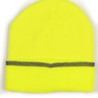 Bright yellow beanie with a dark gray stripe above the brim.