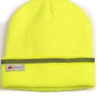 Bright yellow beanie with a gray stripe and a small 3M label on the cuff.