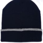 Black knit beanie with a gray stripe, displayed flat.