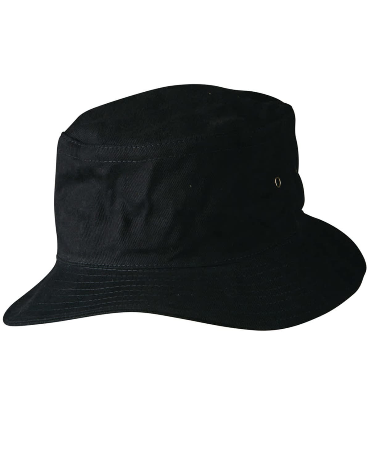 Black bucket hat on a plain white background.