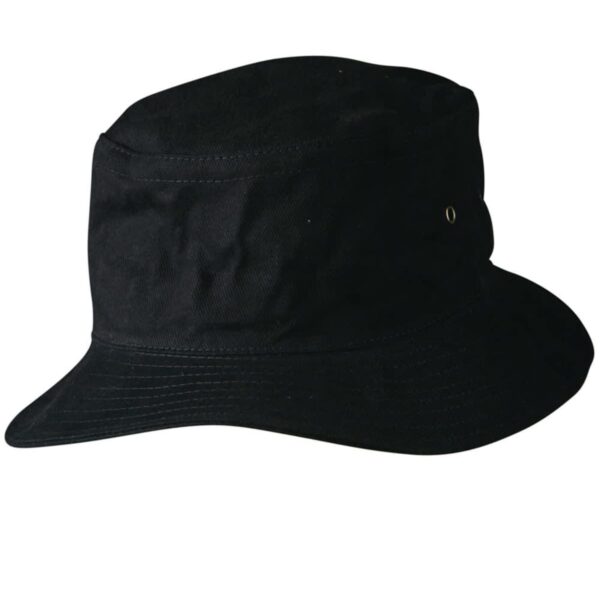 Black bucket hat with a wide, downward-sloping brim.