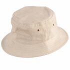 Beige bucket hat with a wide brim and metal ventilation grommets on the side.