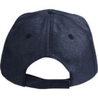 Back view of a dark blue baseball cap with an adjustable strap and eyelets.
