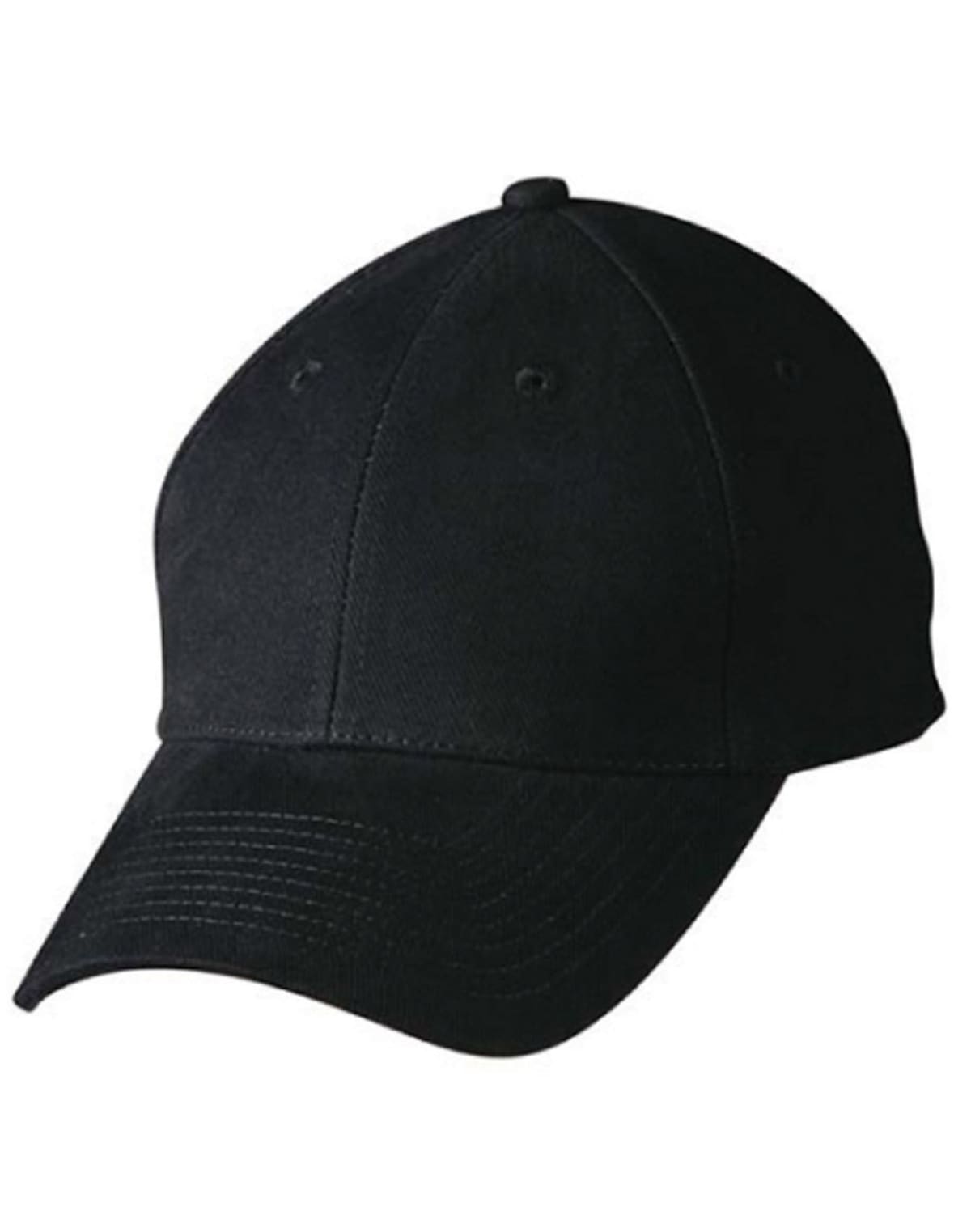 Black baseball cap with a curved brim on a white background.