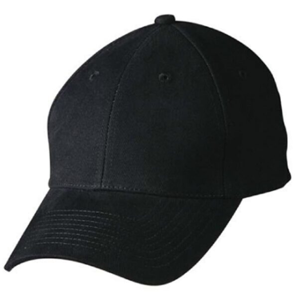 Black baseball cap with a curved brim and button on top against a white background.