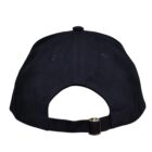 Back view of a black baseball cap featuring an adjustable strap and metal buckle.