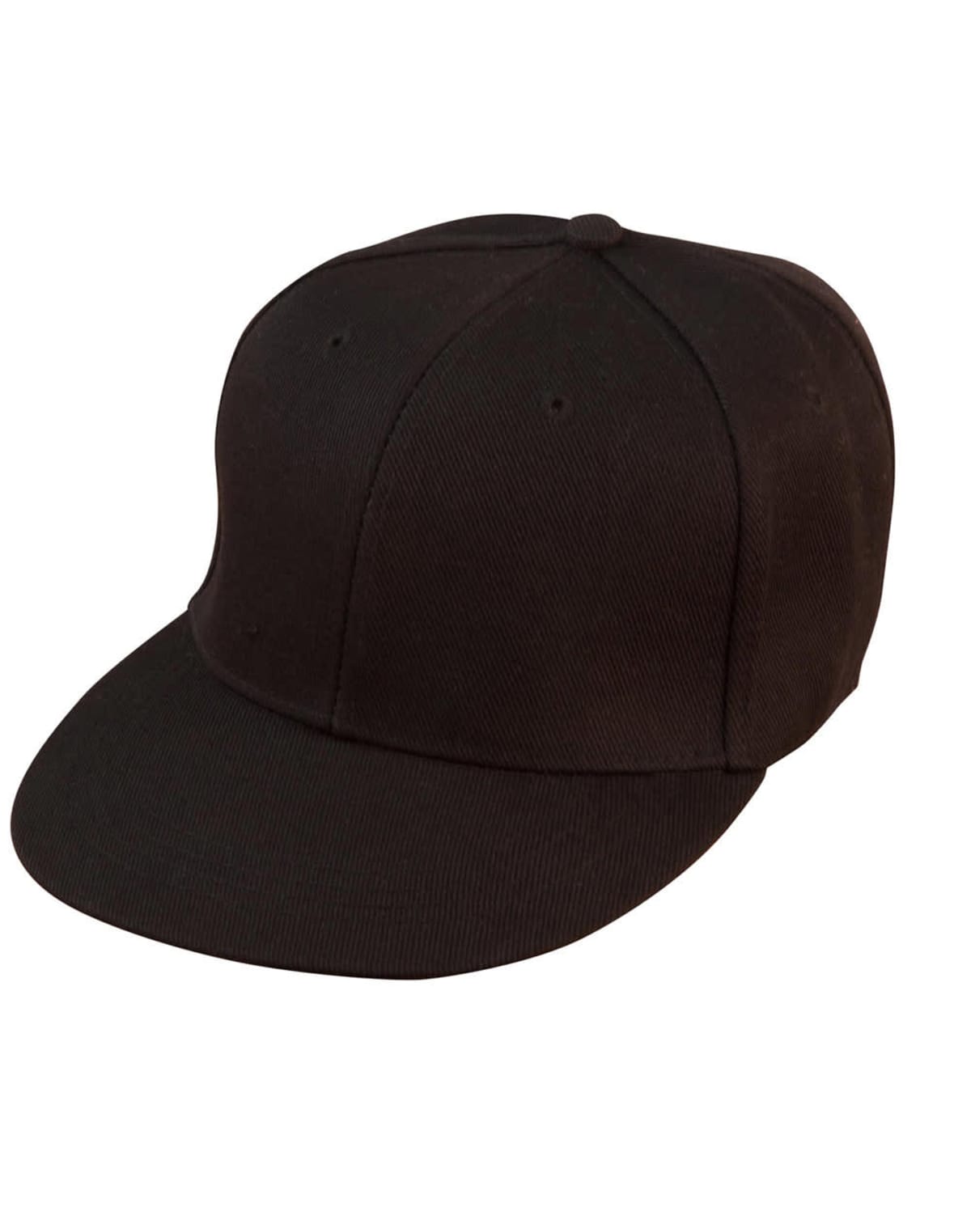 Black baseball cap with a flat brim on a white background.