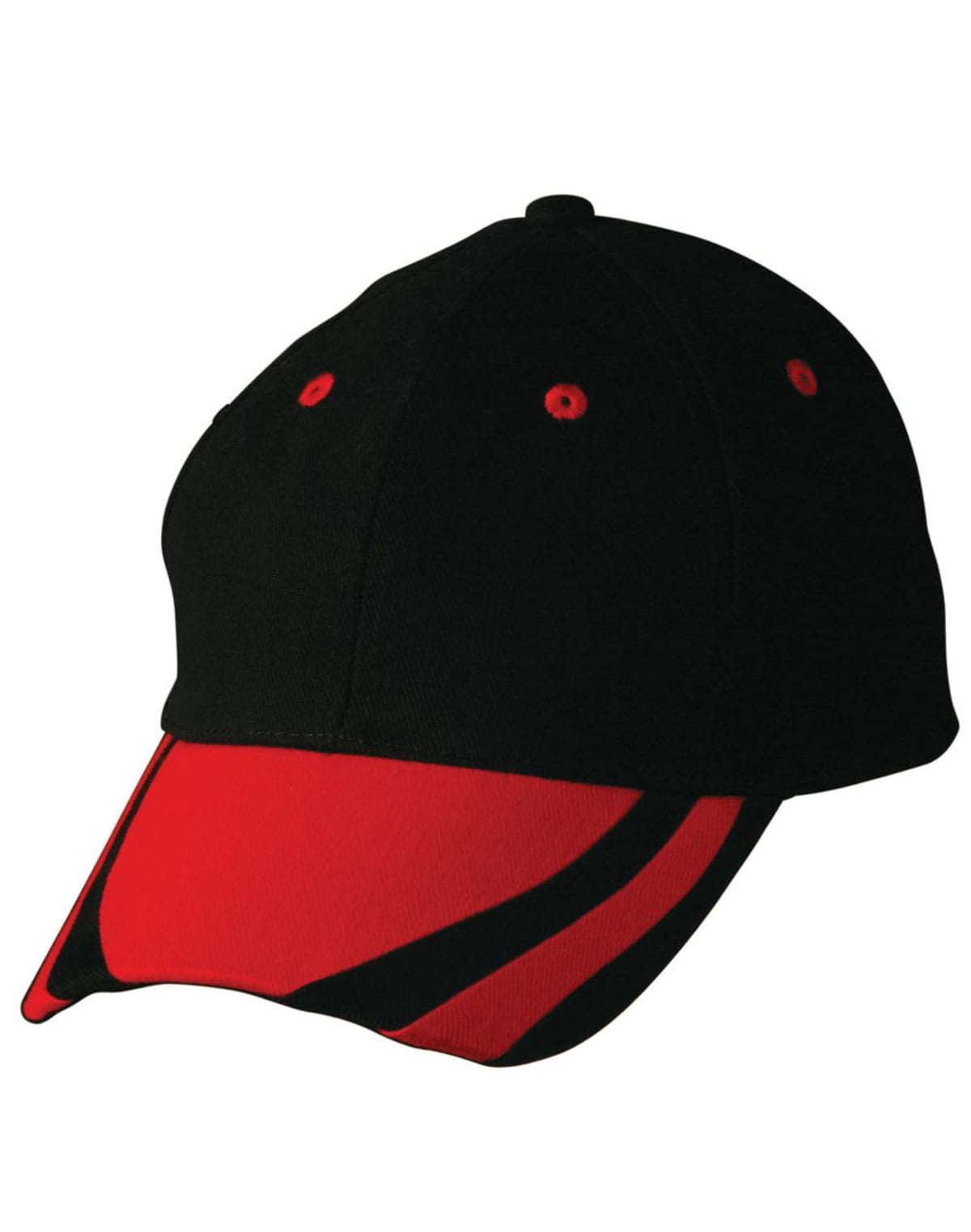 Black cap with a red visor and stripes.