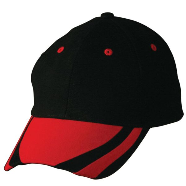 Black and red baseball cap with curved brim and red accents.