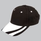 Black and white baseball cap with a curved brim on a gray background.
