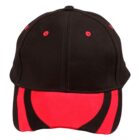 Black and red baseball cap with curved brim.
