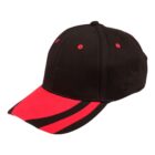 Black and red baseball cap with a curved visor and striped design.