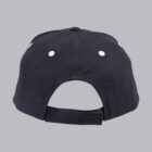 Back view of a black baseball cap with a Velcro strap and eyelets.