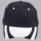 Black and white cap with circular patterns on a gray background.
