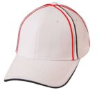 White baseball cap with red and black stripes.