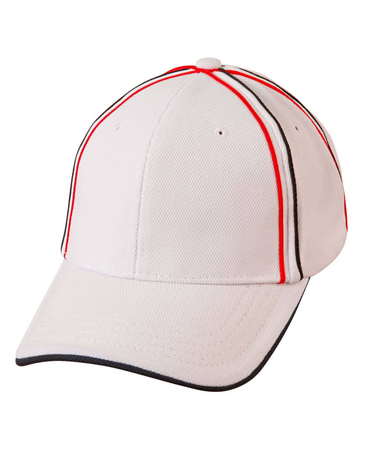 White baseball cap with red and black stripes.