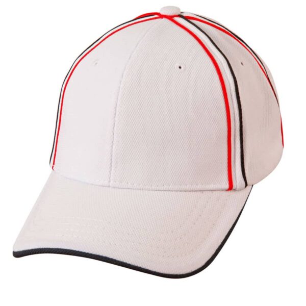 White baseball cap with red and black stripes along the seams.