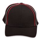 Black cap with red and white stripes on the front and brim.