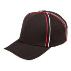 A black baseball cap with red and white stripes.