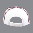 Back view of a white cap with red and black stripes on a gray background.