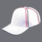 White baseball cap with red and black stripes on a gray background.