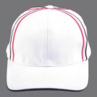 White baseball cap with red and blue accents on a gray background.