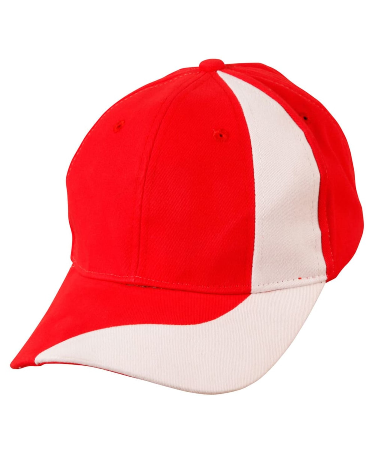 Red and white baseball cap with a curved brim.