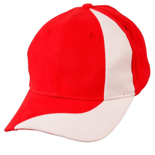 Red and white baseball cap with a curved brim.