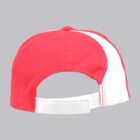 Red baseball cap with a white stripe and an adjustable strap on a gray background.