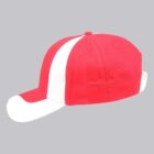 Red and white baseball cap with a side stripe on a gray background.
