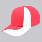 Red and white baseball cap on a gray background.