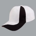 White baseball cap with black accents on a gray background.