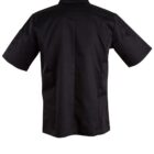 Back view of a black short-sleeve chef jacket on a white background.