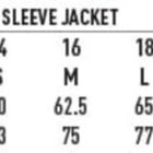 Size chart for unisex chef jacket with measurements for chest and body length in various sizes.