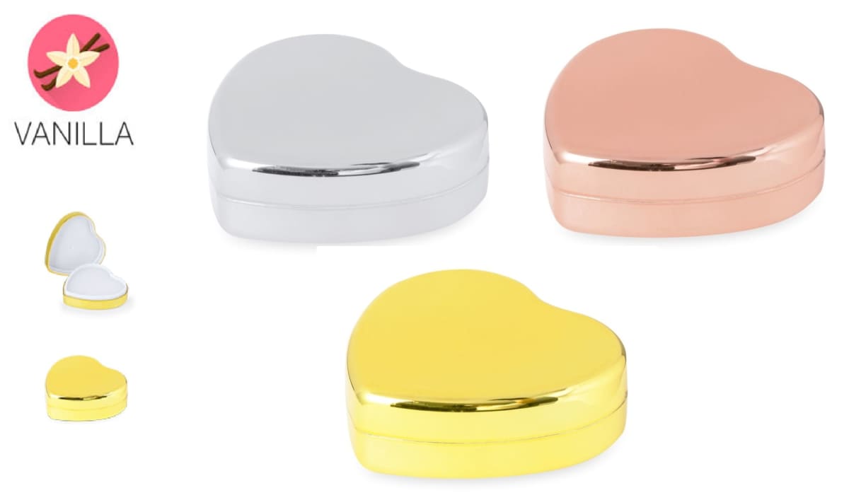 Three heart-shaped metal boxes in silver, rose gold, and gold with a vanilla logo on the left.