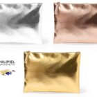 Three metallic zippered pouches in silver, rose gold, and gold; labeled as leatherette.