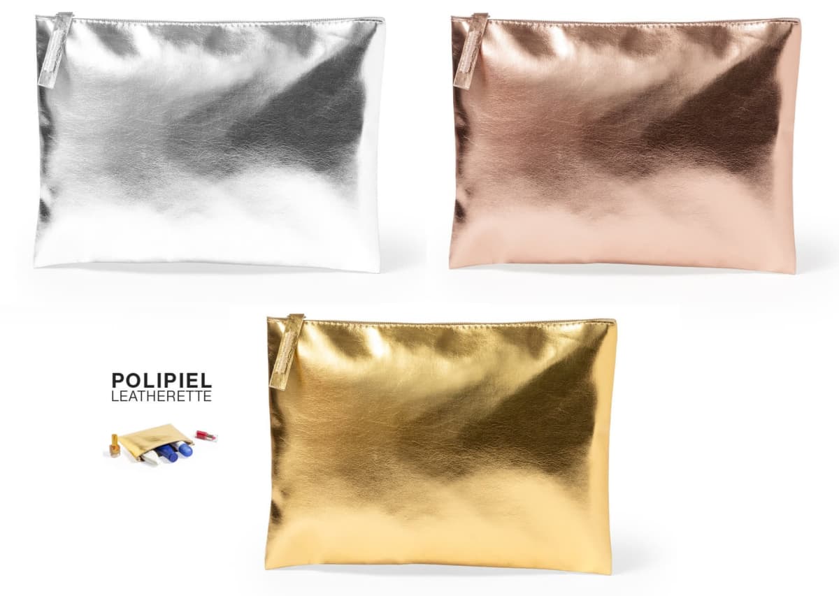 Three metallic zippered pouches in silver, rose gold, and gold; labeled as leatherette.