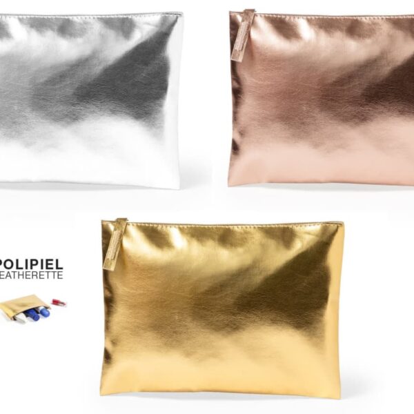 Three metallic zippered pouches in silver, rose gold, and gold, made of leatherette.