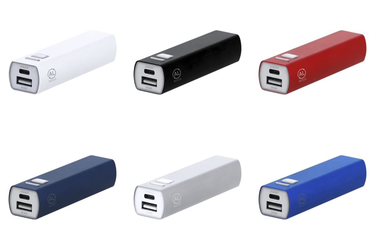 Six rectangular portable power banks in white, black, red, navy, silver, and blue colors.