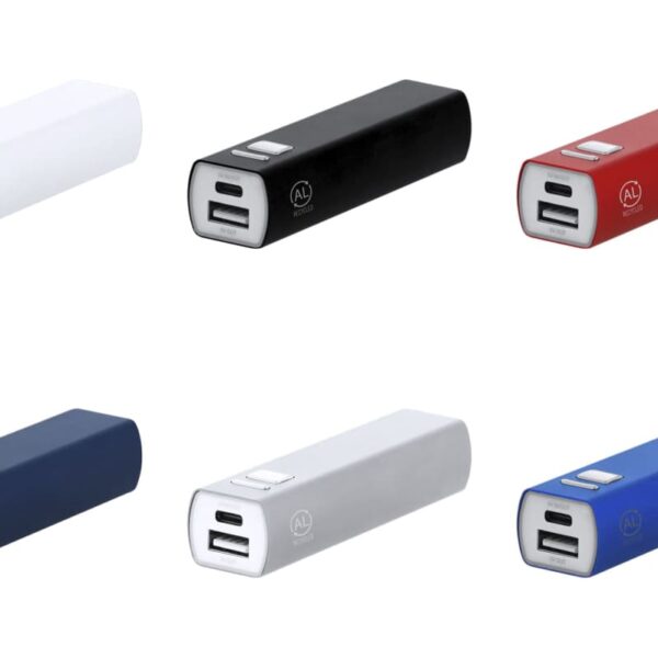 Six portable power banks in white, black, red, navy, silver, and blue on a white background.