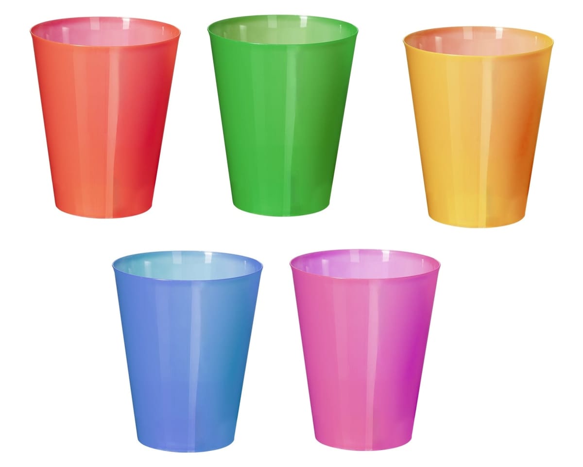 Five colorful plastic cups: red, green, yellow, blue, and pink, arranged in two rows.