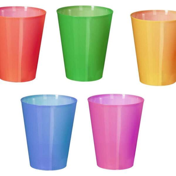 Five colorful plastic cups: red, green, yellow, blue, and pink, arranged in two rows.