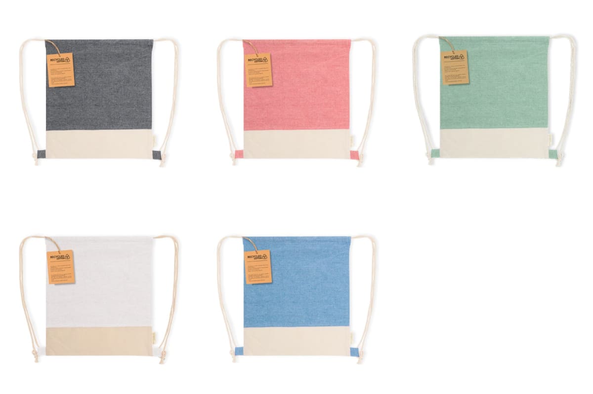 Five drawstring backpacks in gray, pink, green, white, and blue on a white background.