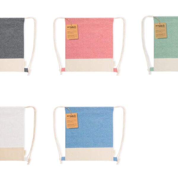 Five drawstring backpacks in various colors with tags on a white background.