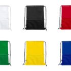 Six drawstring bags in white, black, red, green, yellow, and blue.
